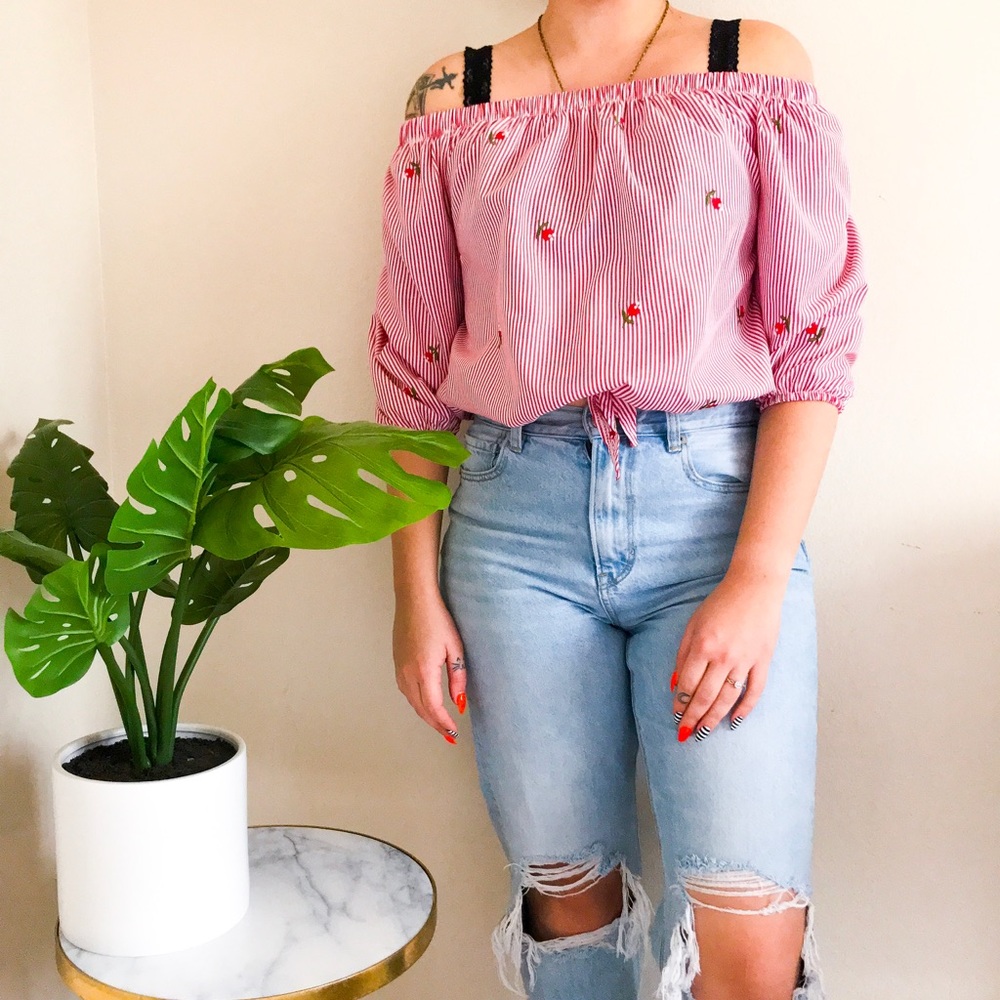 Off the shoulder red striped top with roses